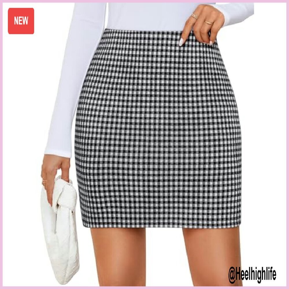 High Waist Plaid Mini Skirt with Built-in Shorts, Bodycon Pencil Fit - Picture 2 of 8